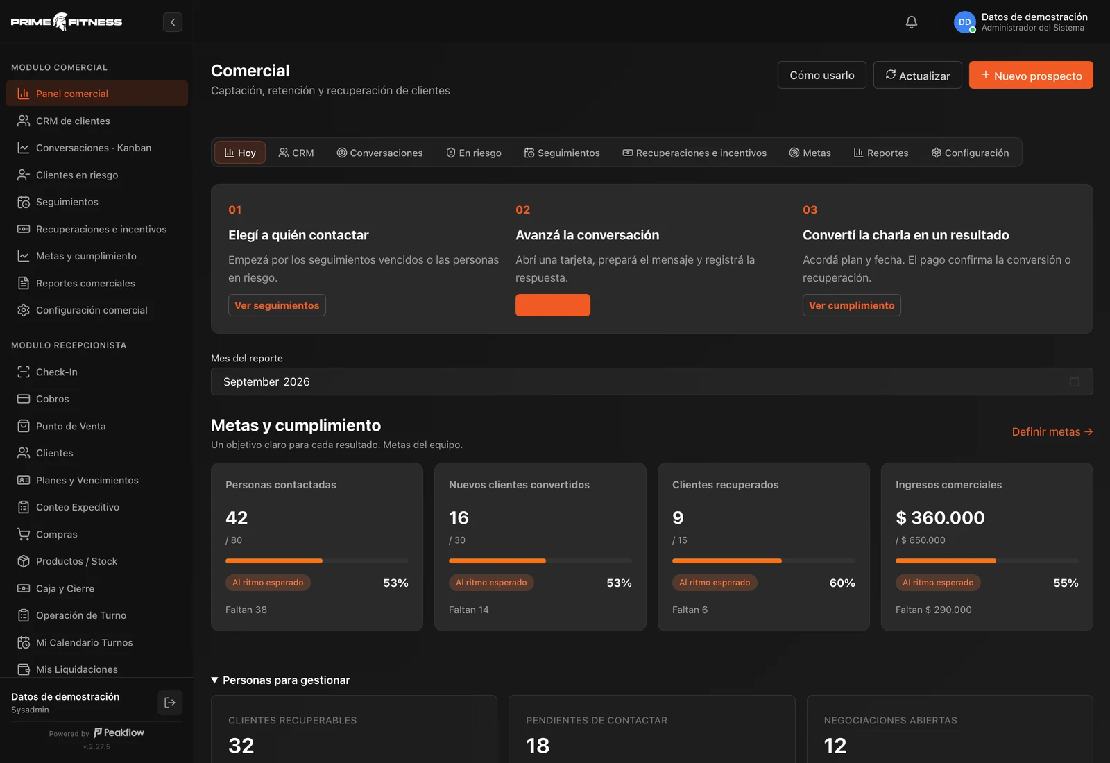 Interfaz de Prime Fitness con datos de demostración